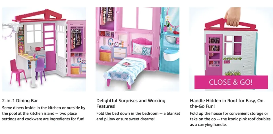 Barbie Portable 1-Story Toy Play Set Dollhouse with Doll, Pool, & Furniture