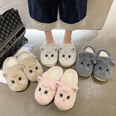 Cuddly Cat Plush Slippers For Women Winter Plush Shoes Slides Cute Cartoon Cat Fuzzy Supple Cotton Slipper Ladies Home SlipperTH