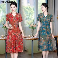 Mothers dress 2023 summer new print improved version V-neck cheongsam dress mid-length skirt knee high-end skirt