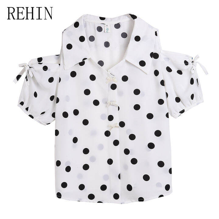 rehin-เสื้อผู้หญิงเสื้อผู้หญิงแขนสั้นชีฟองลายจุดเปิดไหล่-เสื้อชีฟองเปิดการออกแบบที่หรูหราใหม่ฤดูร้อน