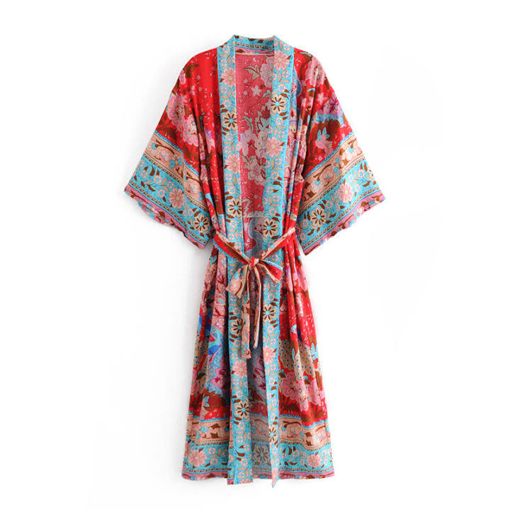 2021Peacock red Floral print batwing sleeve women beach Bohemian Kimono robe dress Ladies V neck happie bikini Boho cover-up