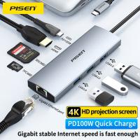 แท่นวางมือถือ PISEN ชนิด C ฮับเพื่อ4K60hz HDMI-USB ที่เข้ากันได้3.0อะแดปเตอร์ค่าใช้จ่าย PD100W RJ45 Macbook Pro อุปกรณ์แล็ปท็อป