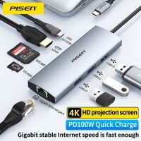 PISEN แท่นวางมือถือชนิด C ฮับเพื่อ4K60hz HDMI-USB ที่เข้ากันได้3.0อะแดปเตอร์ RJ45การ PD100W สำหรับ Macbook Pro แล็ปท็อปอุปกรณ์เสริม