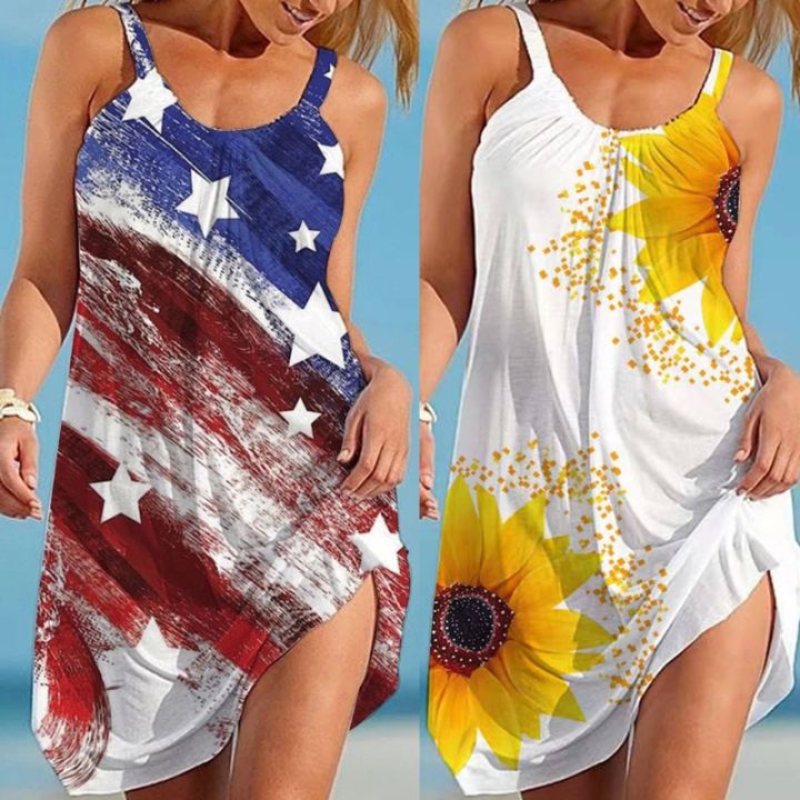 ผู้หญิงแขนกุด-halter-flowy-ยาวสำหรับชุดเดรส-vintage-sunflower-american-flag-พิมพ์-flared-hem-loose-beach-sundres