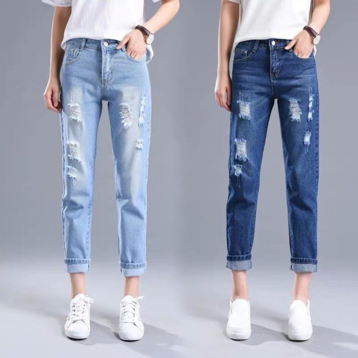 Korean's Fashion Tattered Ripped Jeans Loose and Garterized Denim Pants ...