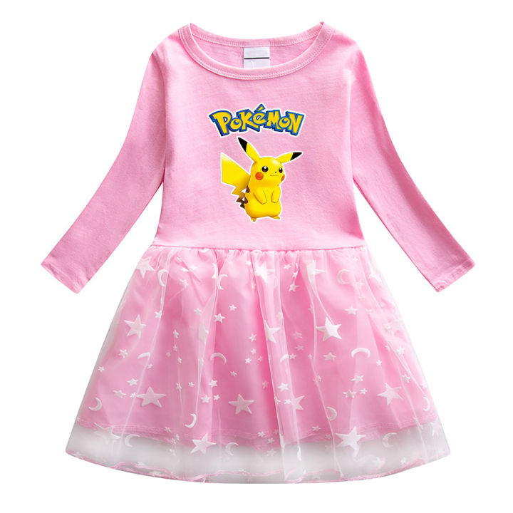 ในสต็อก-pikachu-เด็กสาวแขนยาวชุดผ้ากอซ2022ฤดูใบไม้ผลิฤดูใบไม้ร่วงใหม่เด็กแฟชั่นพิมพ์ผ้าฝ้ายชุดคอกลม