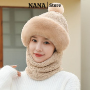 Mũ len nữ lông cừu trùm đầu mùa đông nón len nữ kèm khăn quàng cổ dễ