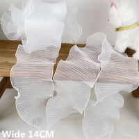 กว้าง 14 ซม. สีขาว Organza Crimped ลูกไม้ผ้าเย็บปักถักร้อย Frilled ริบบิ้นยืดหยุ่น Ruffle Trim ชุดแต่งงานผ้าม่านเย็บตกแต่ง-HVA STORE