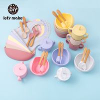 LetS Make 5PCSSet Baby Feedings Tableware Silicone Bowl Bib Cup Spoon Fork Non-Slip Bowl Suction Fixing Food Grade Baby Gift