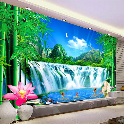 [hot]Mountain Water Waterfall Natural Landscape Large Mural Wallpaper Custom Size 3D Photo Wallpaper Living Room Bedroom Green Bamboo