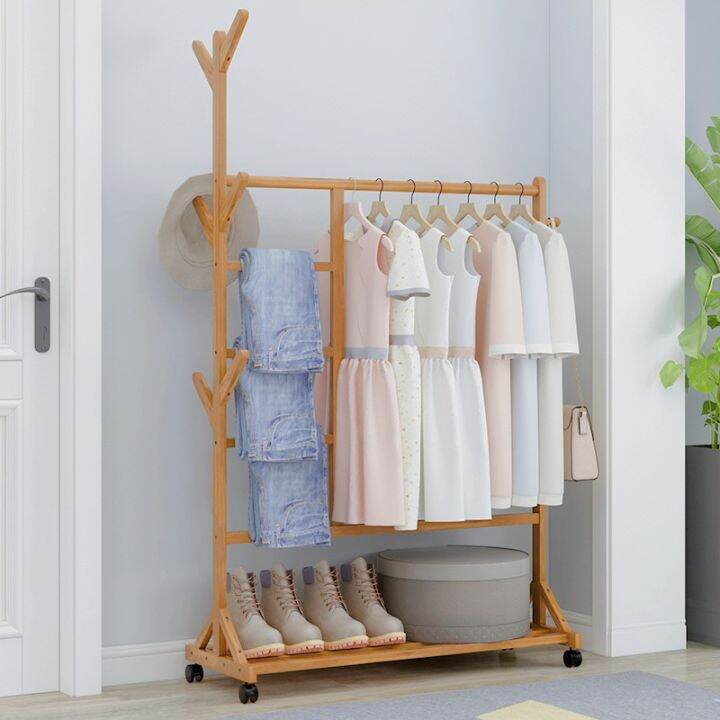 Shiok Living 🚀Solid Bamboo floor clothing rack with wheels hat rack ...