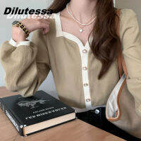 Dilutessa ผู้หญิงเสื้อสไตล์ฝรั่งเศสคาร์ดิแกนตัดด้านบนสแควร์คอพัฟแขนยาวหลวมเสื้อด้านบนเสื้อ