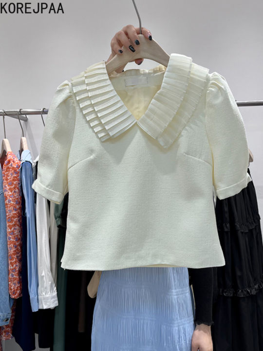 korejpaa-sweet-double-er-pan-collar-shirts-women-2022-new-summer-casual-puff-sleeve-elegant-top-ladies-solid-color-outwear