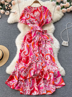 SINGREINY Fashion Trum Beach Wrap Dress Summer V Neck Short Sleeves Lace Up Print Sundress Ladies Chiffon Party Long Dress