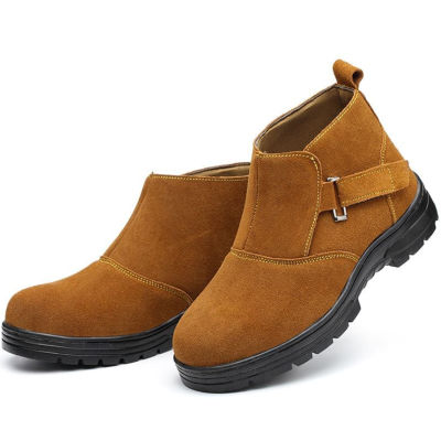 Onesunnys รองเท้านิรภัยสำหรับการเชื่อมไฟฟ้าป้องกันการชนกันและป้องกันการลวกของผู้ชาย, รองเท้านิรภัยหัวเหล็ก, รองเท้าบู๊ตสีน้ำตาล cowhide ที่ทันสมัย