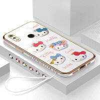 เคสโทรศัพท์สำหรับ Realme 3 Realme3ฟรีสายคล้อง + การ์ตูนน่ารัก Hello Kitty เคสโทรศัพท์สำหรับสาวขอบสี่เหลี่ยมรูปแบบปลอกชุบเคสโทรศัพท์หรูหรานุ่มเคสโทรศัพท์