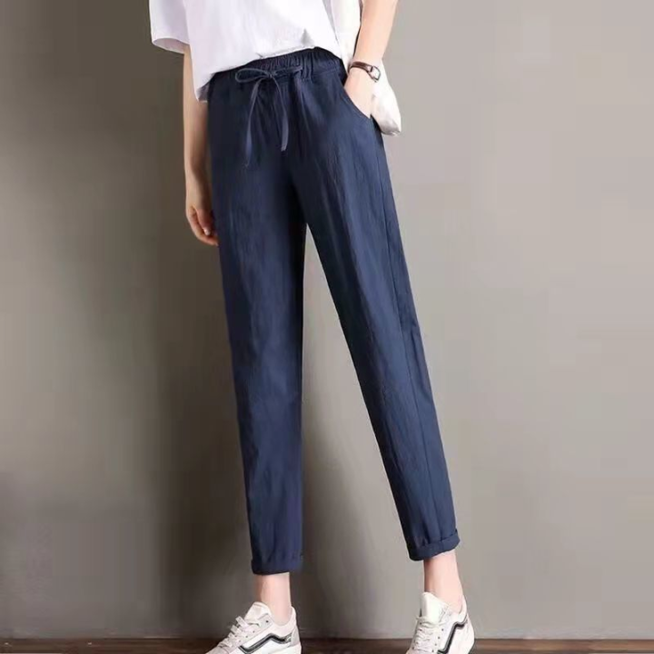 Women Elastic Waist Ankle Pant Ladies Casual Loose Cotton Linen Pants