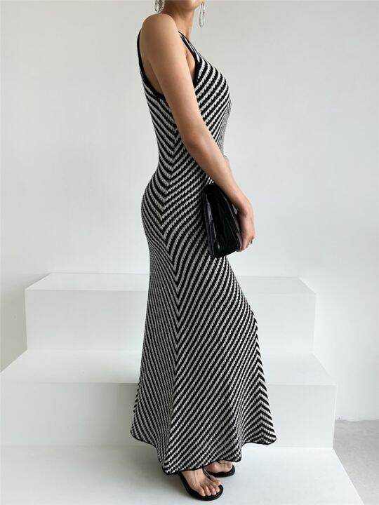 xitao-dress-women-striped-knitted-sleeveless-dress