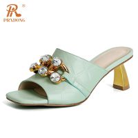 ✿♦♠ PRXDONG 2023 Sexy High Heels Open Toe Slippers Beige Green Genuine Leather Shoes Woman Summer Sandals Dress Party Big Size 34 43