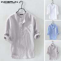 Beehoo INCERUN ผู้ชายเสื้อเชิ้ตผ้าลินิน3/4 Sleeve Casual Vคอปุ่มเสื้อฤดูร้อนTee Beachสวมใส่