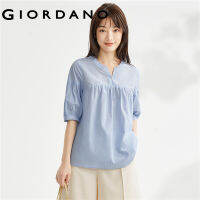 GIORDANO Women Shirts Pleated Puff Sleeve Fashion Blouses V-Neck Stripe 100% Cotton Comfort Fashion Casual Shirts 18343703