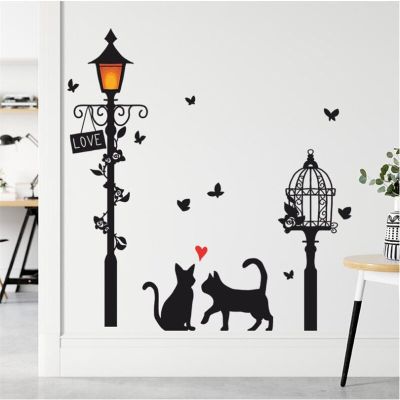 1PCS Cartoon Street Lights Under The Cat Wall Stickers For Bedroom Living Room Porch Home Decoration Self-adhesive