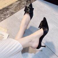 New Baotou ashion Wild Pointed Stiletto Lazy High Heel Female Stilettos包头半拖鞋女金属扣尖头中跟细跟凉拖鞋女高跟鞋