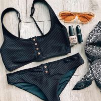 SINO.TREND Solid Ribbed Bikini Set Women Botton Push Up Swimwear Female Two-Pieces Swimsuits Suit Bathing Biquinis Beachwear