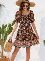 Boho Beach Mini Dress Women Summer Vintage Floral Print Ruffle Dress Female Elegant Square Collar Puff Sleeve Casual Party Dress