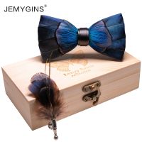 JEMYGINS original design fashion mens bow tie hand-cut dark blue feather bow brooch set wedding party accessories gift