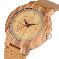 Engraved Compass Display Round Dial Wooden Watch Mens Genuine Leather Wristwatch Brown Stripes Wood Watches Mens Clock reloj