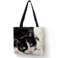 【Lanse store】Customize Cute Watercolor Cat Painting Print Womens Designer Tote Bags Fabric Eco Reusable Shopping Shopper School Book Bag