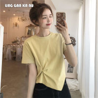 LING GAN KA NU INS สั้นรั่วสะดือ  ฤดูร้อนใหม่แฟชั่นเกาหลีผู้หญิงสีทึบผูกปมเสื้อสวมหัวเสื้อยืดแขนสั้น