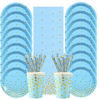 Gold Dot Blue Disposable Tableware Sets Paper Cups Plates Napkins Straws Kids Birthday Party Baby Shower For Wedding Decoration