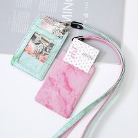 [Koala Travel] เคสใส่บัตรลายหินอ่อน Pu Girls Student Bus ID Credit Card Business Working Card Holder With Neck String