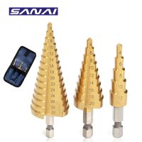 SANAI 3PCS Step Drill Bit Set 3-12mm 4-12mm 4-20mm 4-32mm HSS ร่องตรง Titanum เคลือบไม้เจาะรูโลหะ