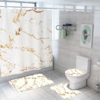 Marble Print Shower Curtain Fabric Polyester Stripes Printing Bathroom Curtain Non Slip Rug Toilet Seat Cover Mat Set