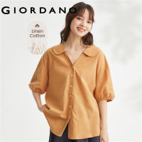 GIORDANO ผู้หญิง เสื้อเชิ้ตลำลองผ้าฝ้ายลินินทอคอตุ๊กตาแขนพองแบบบาง Free Shipping 13343310 105