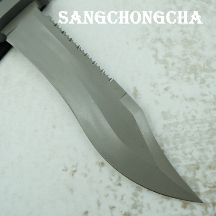 sangchongcha-camping-knife-bowie-knife-มีดโบวี่-มีดพกพา-มีดเดินป่า-มีดแคมป์ปิ้ง-มีดใบตาย-มีดสวย-ฟันเลื่อย-มีที่ทุบกระจก-58hrc-440c-น้ำหนักดี-ยาว30-50ซม-ด้ามabs-สีเทาไทเทเนียมพ่นทรายละเอียด-พร้อมซองไนล