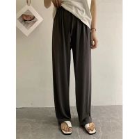 【Ready】? Loose high-waisted knitted velvet wide-leg pants womens early autumn looks thin and all-match straight casual long trousers