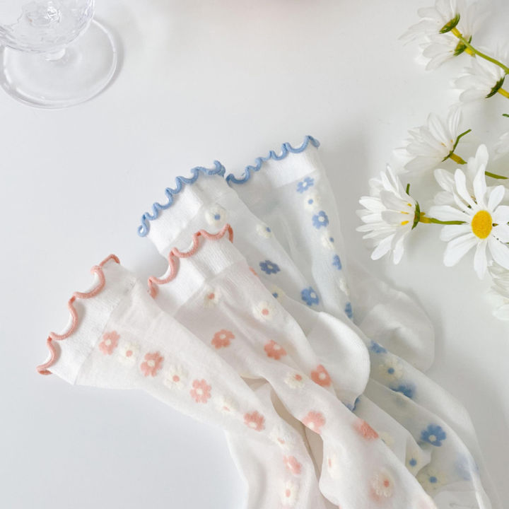 therye-ใหม่ชุดสตรีทแวร์ลายดอกไม้เกาหลีหวานถุงเท้าดอกไม้ผ้าไหมแก้วถุงเท้าโลลิต้า