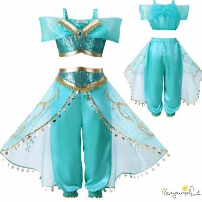 ♛loveyourself1♛-Kids Aladdin Costume Princess Jasmine Outfit Girls Sequin Party Fancy Dress Cosp
