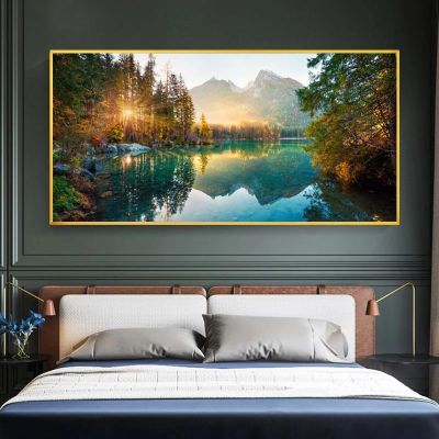 โมเดิร์นโปสเตอร์และพิมพ์ภูมิทัศน์ธรรมชาติภาพวาดผ้าใบ Sunshine Forest Lake สำหรับห้องนั่งเล่นห้องนอน Wall Art Home Decor