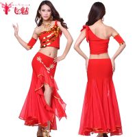 hot【DT】 Belly dance costume set single shoulder sequined top Bilateral split ends package hip 2pcs/suit women indian dress