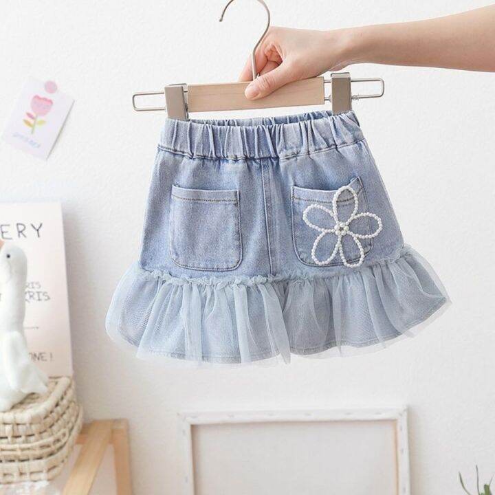 Girls' denim skirt Western style 2022 spring and summer new baby mesh