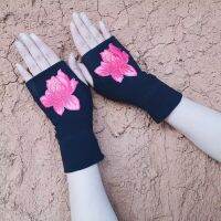 Warm Cotton Flowers Mid Long Half Finger Gloves Women Winter Autumn Embroidery Floral Fingerless Hand Gloves For Touch Screen