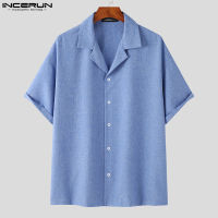 เสื้อลำลองแขนสั้นปกแฟชั่นสำหรับผู้ชาย Medussa INCERUN สีทึบ (สไตล์เกาหลี)