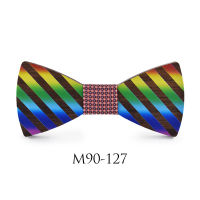 Creative Wooden Bow Tie Color Rainbow Mens Gift Rhinestone Bow Ties Handmade Bow Tie for Wedding Party