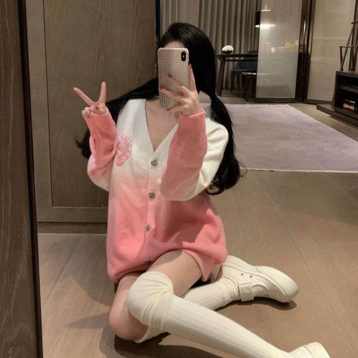 [READY STOCK] Sanskrit Embroidery Gradient Color Medium Length Sweater Jacket Lazada