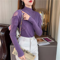 利YIGE Half high neck ruffle mesh stitching knitted jumper autumn and winter womens jumper ladies long sleeve tops purple